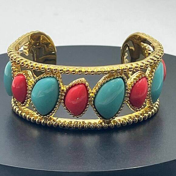 Lilly Pulitzer Faux Coral Turquoise Blue Resin Cab Gold Plated Cuff Bracelet - Picture 1 of 2